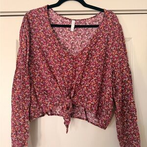 Xhilaration Pink Floral Tie-Front Blouse